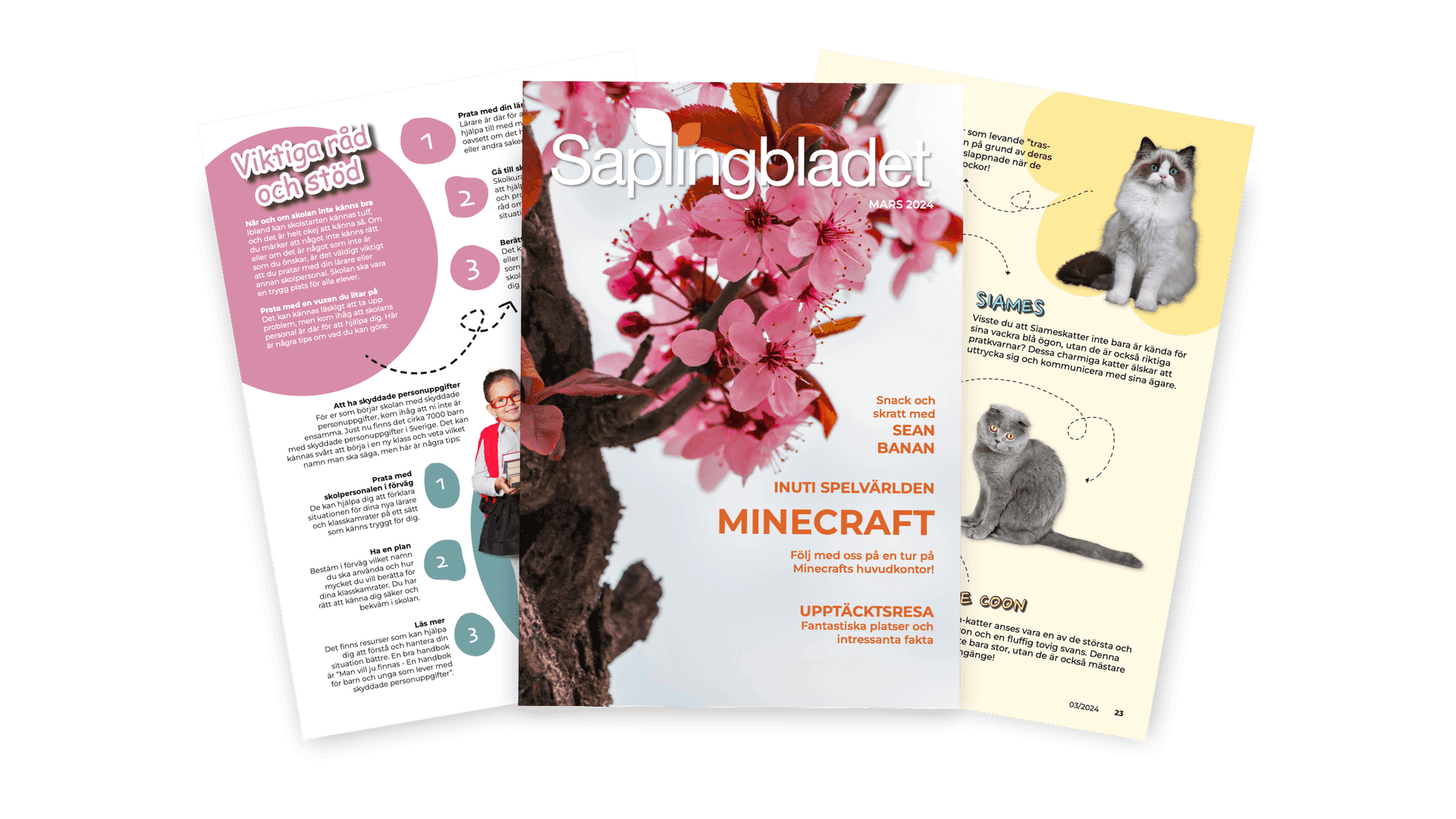 Saplingbladet - Mars 2024 utgåvan med artiklar om katter, Minecraft och viktiga råd för ungdomar